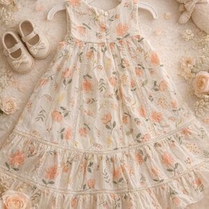 Girls' Floral Lace Tiered Dress - Cream with Peach Flowers